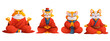 Cartoon vector set of meditating cats. An orange cat with white fluff, wearing a red Chinese robe, sits in a lotus plant. Concept of relaxation, yoga, meditation.