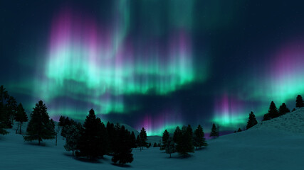 Wall Mural - a beautiful green and red aurora dancing over the hills
