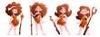 Primitive woman character, prehistoric primitive people in stone age cartoon set. Neanderthal girl in the skin of an animal with a club in her hand. Isolated vector illustration