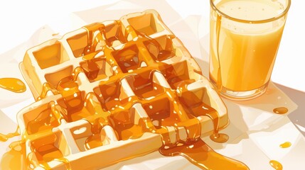 Canvas Print - A classic breakfast favorite this 2d illustration features Belgian waffles drizzled with caramel topping alongside a refreshing glass of juice on a pristine white background