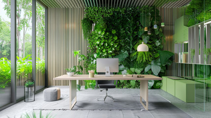 Poster - A sustainability expert leveraging AI for energy efficiency, in a simple, eco-friendly office, styled as green minimalism.