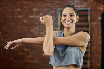 Poster - Woman, portrait and stretching with exercise, smile and workout start for health and wellness. Athlete, cardio and warmup for muscle performance, happiness and training with fitness routine in gym