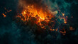 Wildfire with towering flames engulfing a dense forest, emitting orange flames and smoke. The severity of forest fires.
