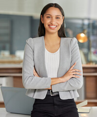 Poster - Business woman, confident lawyer and portrait in office, employee and happy for startup company. Female person, professional and proud of career opportunity, arms crossed and attorney at law firm