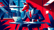 Business concept. Hyper-realistic animal character Horse of an adult, in a business suit, working at a laptop. Allegory concept in business. Generation of AI.