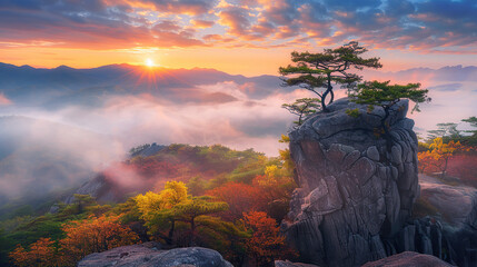 Wall Mural - High angle shot of the sunrise sea of clouds in Mount Huangshan, Anhui Province, China.