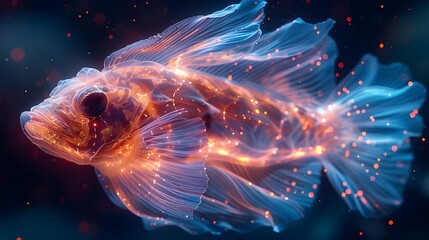 Surreal fantasy background. Deep sea fish, mysterious creature. Beautiful transparent colorful marine life sea animal holographic glowing in dark underwater. Creative unique oceans 3d digital art.