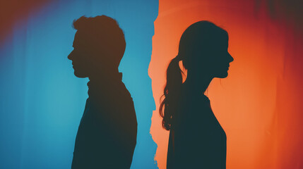 Illustration of silhouette of a couple looking in different direction , in marriage clash and about to get divorce or to separate