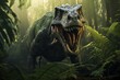 Allosaurus stalking through a dense Jurassic forest, its fierce eyes and sharp teeth ready for the hunt