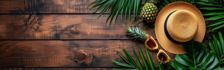 Wall Mural - Summer Vacation in the Tropics: Ocean Panorama with Pineapple, Palm Leaves, and Straw Hat on Wooden Table - Top View Greeting Card or Banner