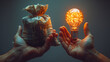A hand holding light bulb other hand holding money Idea trading for money concept for business idea sell, buyer and customer