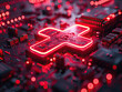A vibrant neon cross stands prominently on a high-tech circuit board surrounded by advanced machinery