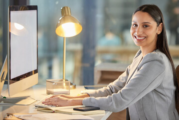 Sticker - Woman, computer screen and portrait in office at night, accountant and mockup space for planning. Female person, report and blank display or pc monitor for agenda or email, proposal and website