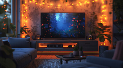 Wall Mural - A set of decorative wall sconces or string lights framing the TV, creating a cozy ambiance.