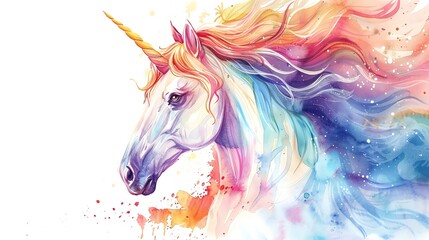  Watercolor illustration clipart of a whimsical unicorn, featuring soft pastel hues, sparkling eyes, and a lush, flowing mane, isolated on a white background, embodying the essence of magical serenity