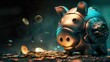 Closeup of a metallic piggy bank shaped like a robot, under a spotlight, being fed gold coins against a dark, moody background