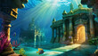versunkene Stadt im Ozean mit geheimnissvollem Licht , Atlantis? KI Generated