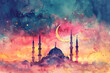 Watercolor illustration of a crescent moon and star above a tranquil mosque with minarets, surrounded by soft evening colors and a festive atmosphere Eid al-Adha