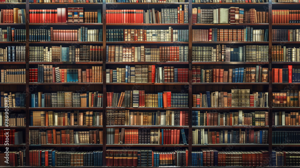 Wall-to-wall library shelves filled with an array of colorful books ...