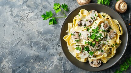 A plate of pasta with mushrooms and parsley