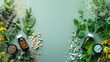 Assorted natural supplements and herbs on green background