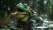A green frog about to catch a fly in a pond.