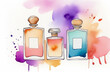 Perfume wardrobe, set of perfume bottles, colorful, aroma style, watercolor illustration, fragrance