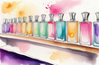 Perfume wardrobe, set of perfume bottles on the shelf, colorful, aroma style, watercolor illustration, perfume shop, fragrance