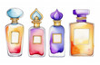Perfume wardrobe, set of perfume bottles, white background, colorful, aroma style, watercolor illustration, fragrance