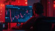 A photo of a lone trader sitting in a dark room, illuminated only by the red glow of a computer screen displaying a crashing crypto chart