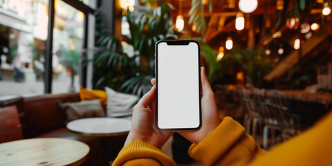 Mockup woman's hand holding using smart phone with white blank screen at coffee shop, mobile app design and advertising, online marketing