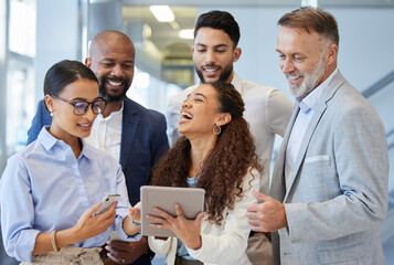 Wall Mural - Business people, men and women laughing with tablet in office, graphic joke or comic online. Tech, connection or collaboration of employees for funny game, meme or creativity for company brand