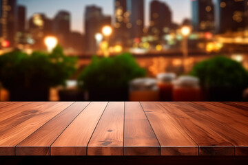 Empty wooden table in front of night city light abstract blurred  background for product display in a coffee shop, local market or bar