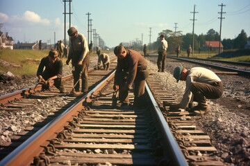 Track Ballasting: Workers spreading ballast around the tracks.