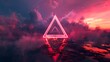 Futuristic neon triangle in the burning sky with stunning pink colors.