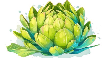 A vibrant cartoon render of a fresh artichoke vegetable set against a white background in a cartoon style illustration