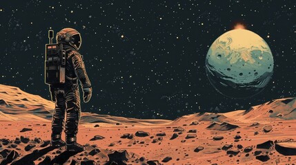 Wall Mural - a man in a spacesuit stands on a rocky surface looking up at a large planet