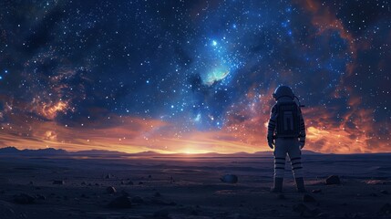 Wall Mural - a man in a spacesuit stands in front of a starry sky