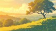 Illustration of a serene natural landscape with verdant hills trees and a picturesque sunrise on the horizon captured in a stunning 2d art depiction