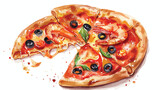 Fototapeta Natura - Italian seafood pizza segment with shrimps black oliv