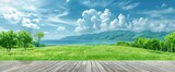 Fototapeta  - Wide Summer Landscape, Vibrant Blue Sky and Lush Green Fields - Ideal for Holiday Promotions, Vacation Themes, Outdoor Leisure Industry - Travel, Tourism.