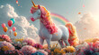 Colorful unicorn with vibrant rainbow, balloons, and flowers in a whimsical scene. Generative Ai