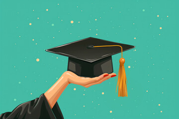 Human female hand holding graduation cap, graduating event, illustration