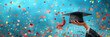 Human female hand holding graduation cap on background of confetti, copy space. Graduating event.