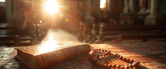 Wall Mural - A bible and rosary on the table against a church background, with sunlight coming in from the left side creating a bokeh effect. 