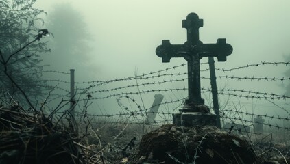 Wall Mural - A cross on the grave, surrounded by barbed wire, with a foggy background, in the style of a movie still, in a cinematic style. 