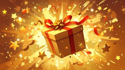 Poster - cartoon 2d illustration featuring a floating gift box adorned with a red ribbon bow icon surrounded by a starry explosion design This modern plastic cartoon rendering adds a touch of holiday