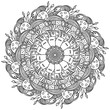 Meditative mandala on the theme of education and creativity, coloring page with zen patterns and objects