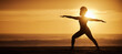 © peopleimages.com - Yoga, sunset and silhouette of woman in warrior pose for exercise, fitness or meditate at beach on mockup. Virabhadrasana, ocean and girl in nature for stretching, wellness and healthy body in summer