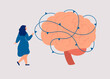 Cognitive and neurodegeneration illness of brain. Woman worries about her mental health and mind condition. Big internal organ and small person. Flat vector illustration
